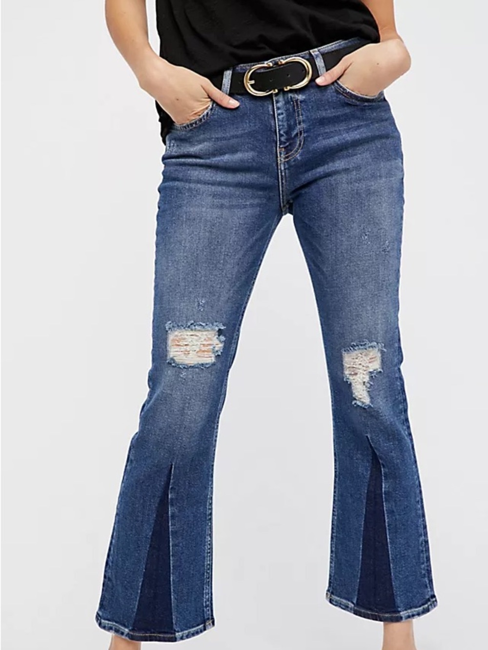 Free People Blue Denim Colorblock Cropped Flared Leg Jeans